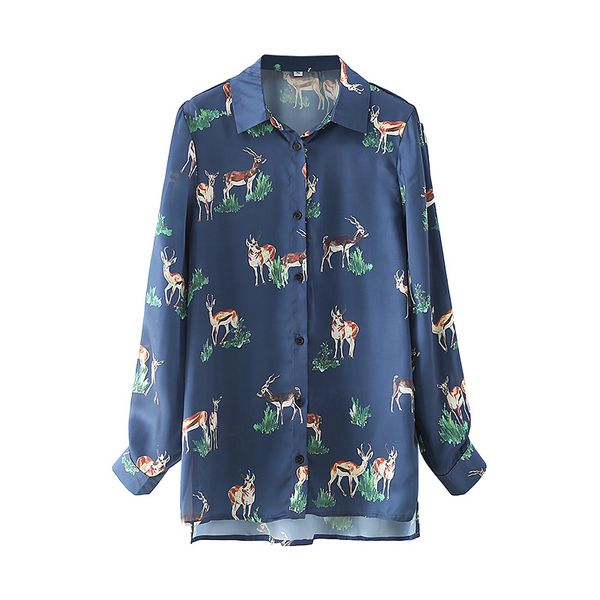 

animals print fashion casual blouse for women lapel streetwear long sleeve shirt lady chic straight female 210430, White