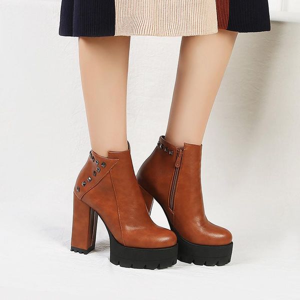 

boots 2021 autumn black yellow punk platform rock street rivets ladies block high heel gothic shoes retro motorcycle