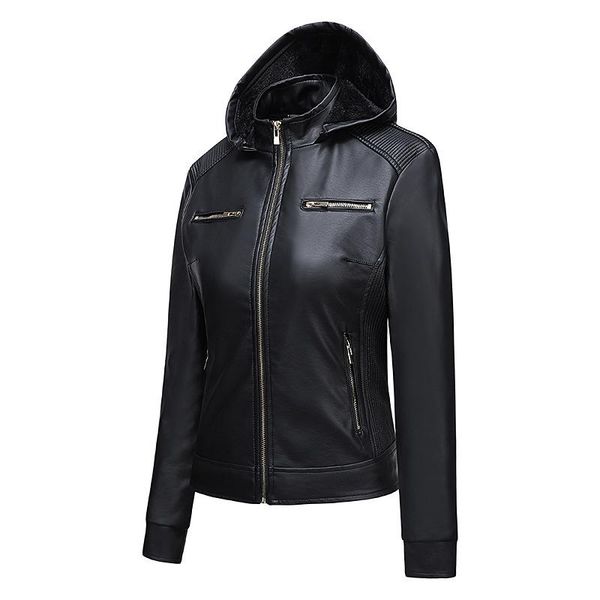 

women's leather & faux jacket coat winter plus velvet moto biker zipper 2021, Black