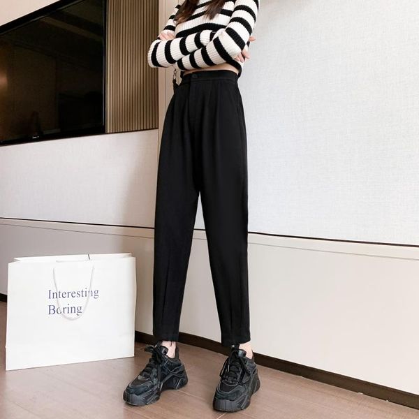 

women's pants & capris autumn winter casual streetwear loose high waist harem female solid woolen black brown trousers thin legs, Black;white