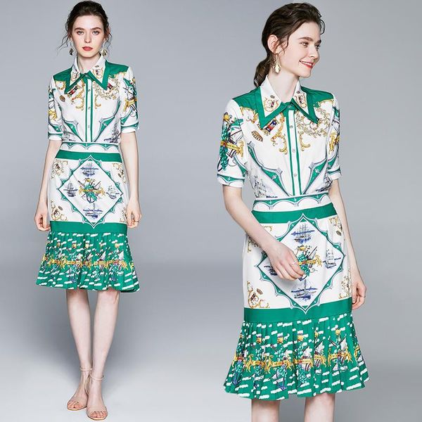 

summer runway 2 piece womens sets vintage baroque print collar short sleeve shirt blouse mini fishtail skirt suits outfits two dress, White