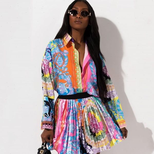 

2 pieces set autumn womens tracksuits fashion floral print long sleeve shirt elastic waist skirts, Gray