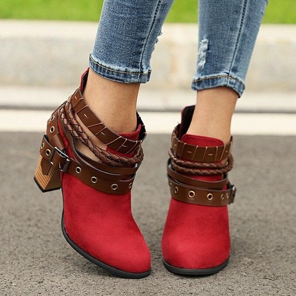 

boots 2021 women winter warm suede ankle cotton lined strappy high block heel zip shoes size 43, Black