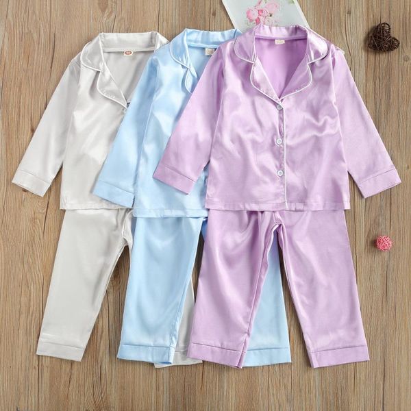 

pajamas kids clothes boys girls set toddlers spring autumn solid color lapel long sleeve + pants casual satin sleepwear, Blue;red