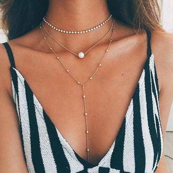 

pendant necklaces ladies fashion neck chain punk necklace simp three layers pearl clavicle jewelry accessories, Silver