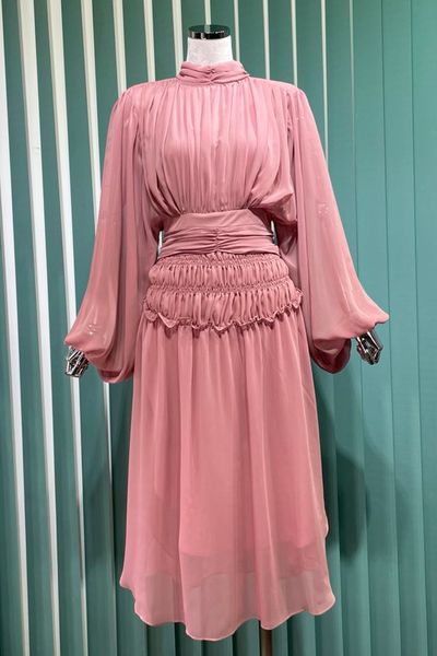 

french style temperament socialite high-grade chiffon dress lace-up slit on both sides skirt autumn new long sleeve dress for women, Black;gray