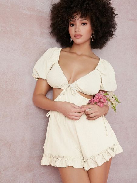 

ruffled cutout puff sleeve open-back romper h4fw#, White