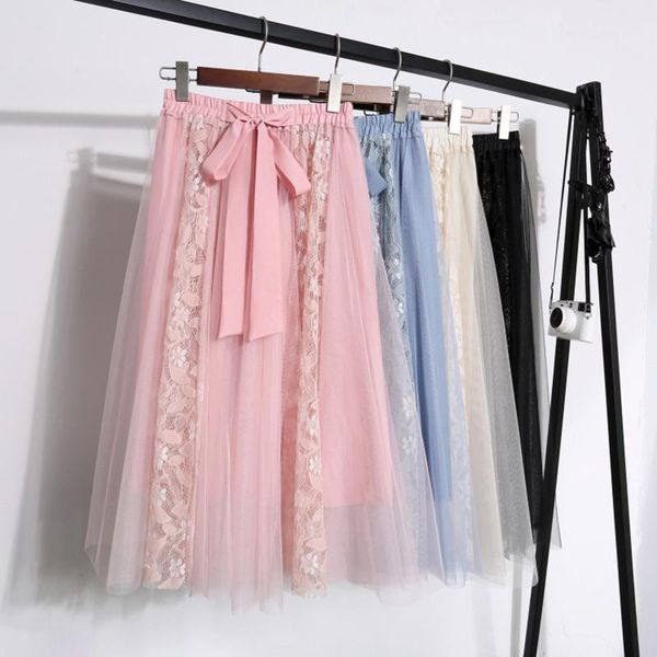 

ladies fashion lace patchwork mesh skirt 2021 summer womens elegant bow big swing high waist elastic long skirts, Black