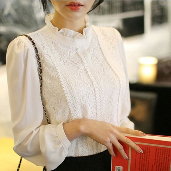 

spring elegant slim white lace blouse shirt embroidery feminine women long sleeve sweet female blusas 210520