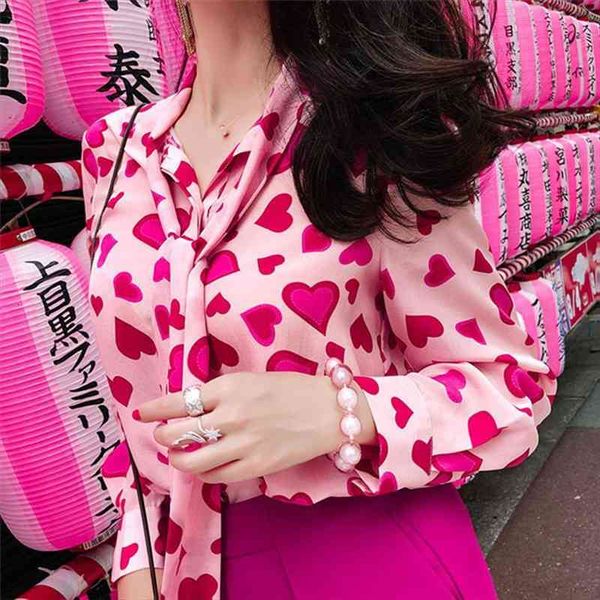 

paris girl vintage heart print long sleeve chiffon blouse sweet women shirt tie autumn fashion chemise camisa, White