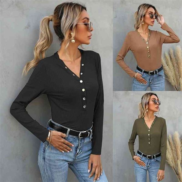 

women's long sleeve t-shirt spring autumn buttons v-neck slim crop fashion pure color casual street new t-shirt 210324, White