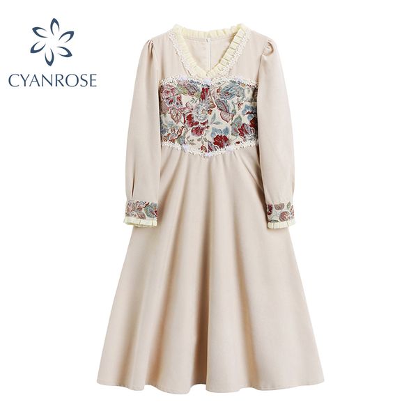 

french vintage court dress women spring long sleeve v neck ruffle patchwork embroidery ladies vestidos fluffy frocks female 210430, Black;gray