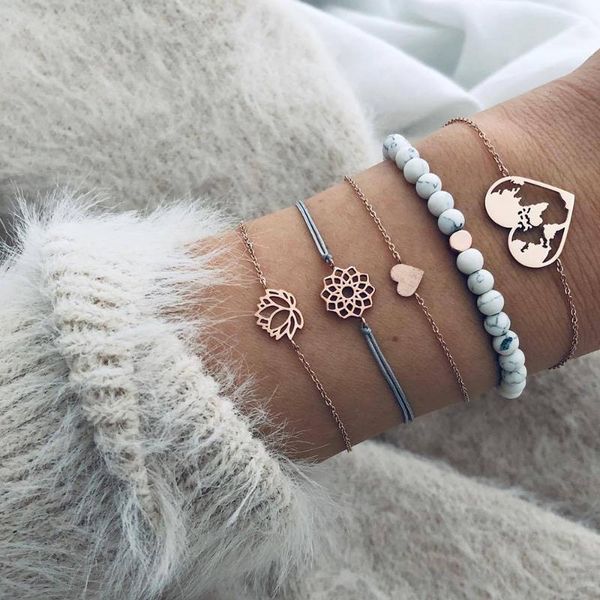 

link, chain 5 pcs/set bohemian vintage bangle heart lotus map gem beaded bracelet set women fashion party wedding jewelry accessories, Black