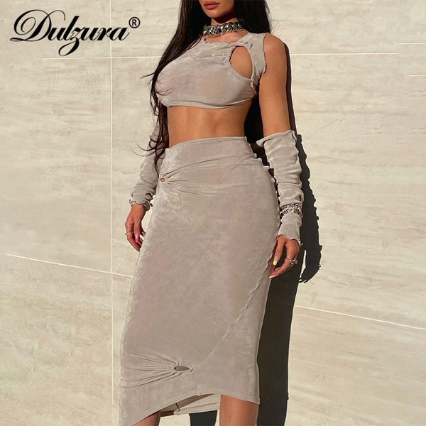

hollow out patchwork women 2 piece set long sleeve crop off shoulder midi skirt bodycon streetwear 2021 summer, Black;white