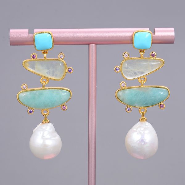 

guaiguai jewelry freshwater white pearl blue turquoise green amazonite dangle stud earrings for women real gems stone lady fashion jewellry, Silver