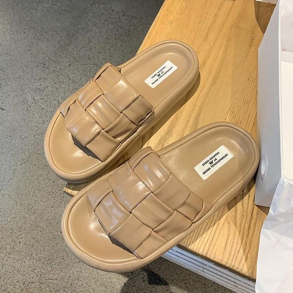 

slippers 2021 fashion women's chunky round toe thicken sole flat slides women casual pu weave platform shoes woman for home, Black