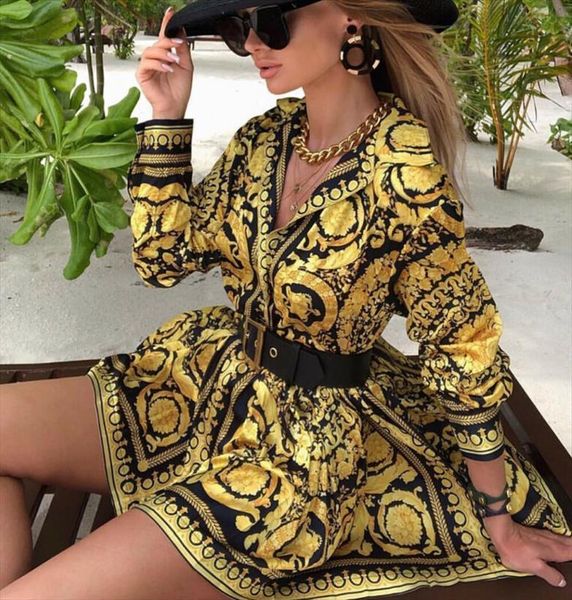 

fashion vintage print shirt holiday women dress party a line v neck swing short mini dresses streetwear clothing, Black;gray