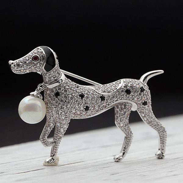 

pins, brooches 2021 year brand cubic zircon dog animal jewelry for women men imitation pearl hijab accessory men's brooch, Gray