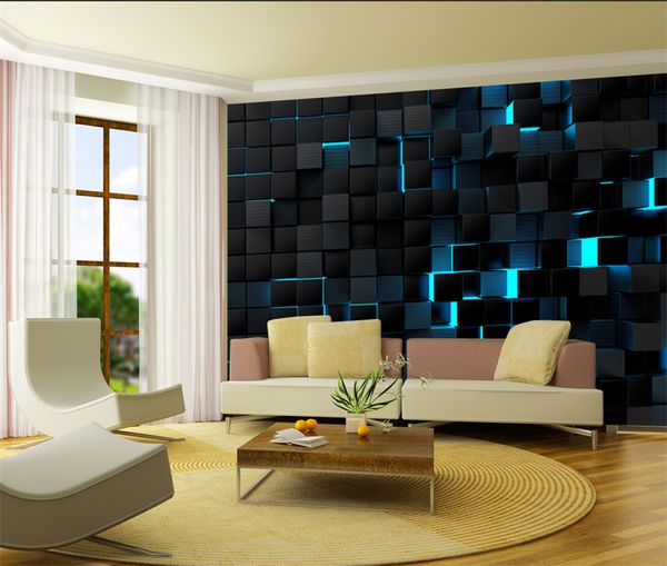 Modern Yaşam Tarzı Duvar Kağıdı Duvar Duvar Kağıtları Ofis Esansu Salonu Salonu Için Duvar Kağıdı 3D Mavi Işık Parlayan Siyah Küpler Ev Dekorasyonu