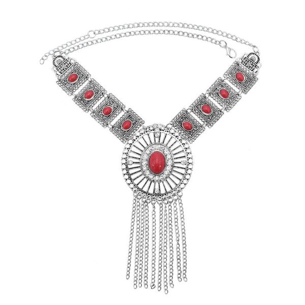 

chains 2021 exaggerated necklace bohemian tassel retro national turquoise clavicle chain long sweater women jewelry set, Silver