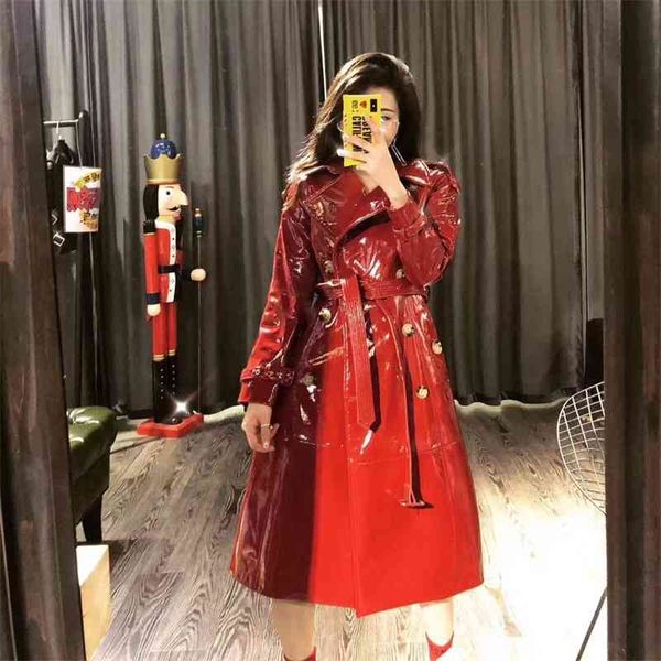 

2021b autumn new craft sheepskin patent leather women's double breasted classic windbreaker coat, Black