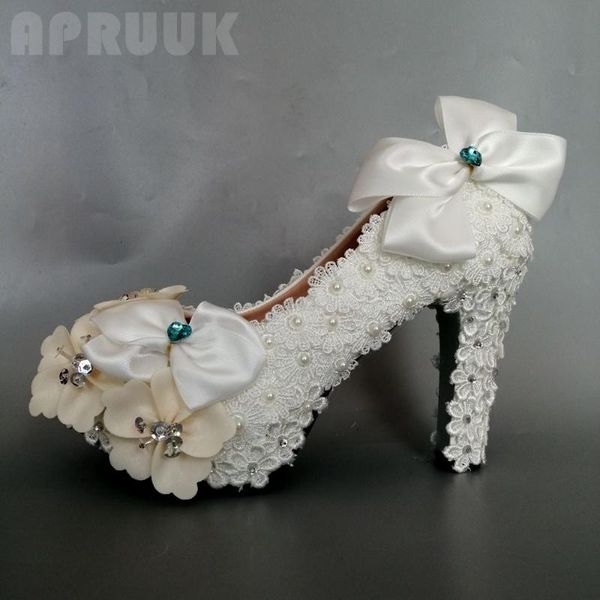 

dress shoes satin bow wedding lace flower crystal pearls handmade plus size luxury bridal ivory shoe high heels platforms big, Black