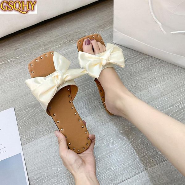 

ladies butterfly-knot fashion slippers female rubber non-slip flats shoes women open toe footwear outsides summer comfort, Black