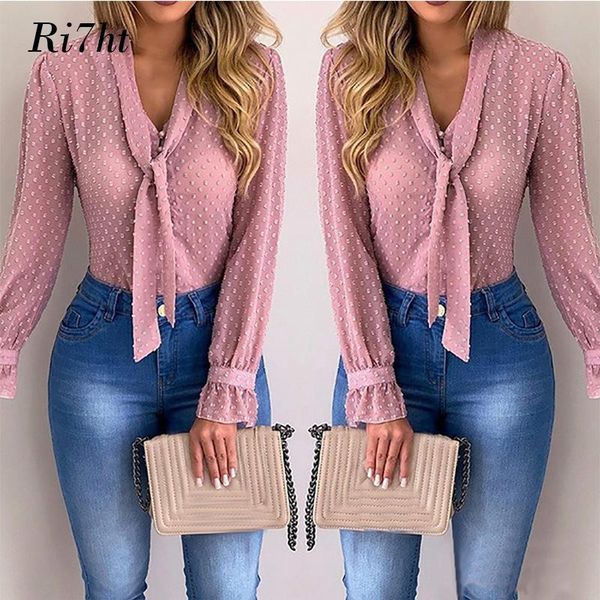 

women's blouses & shirts women fashion elegant chiffon long sleeve v-neck shirt office blouse slim casual female polka dot top, White