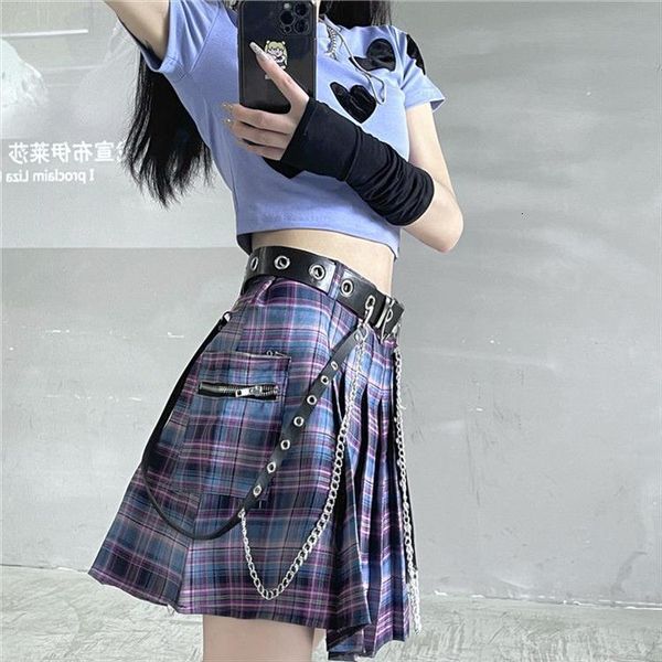

belt pocket women skirt a line streetwear pleated harajuku plaid high waist mini tennis skirts vintage gothic, Black