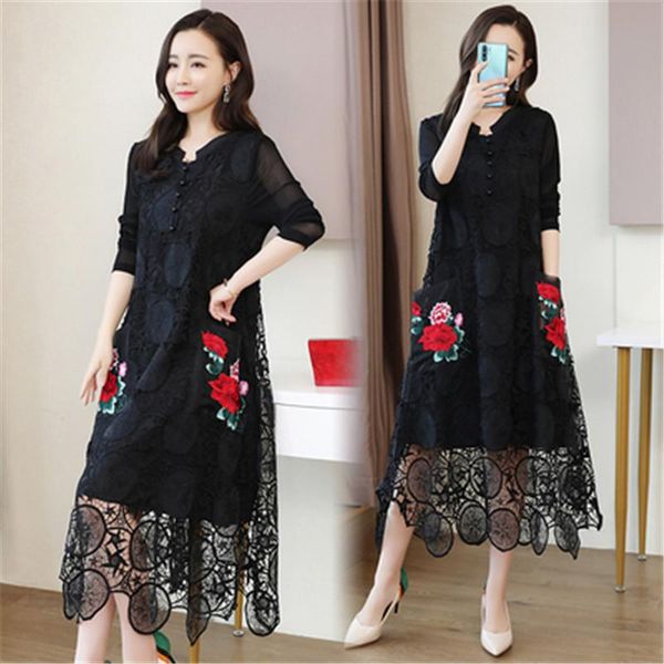 

casual dresses heavy industry embroidery dress autumn v-neck fashion cover belly middle-aged and elderly mother irregular lace, Black;gray