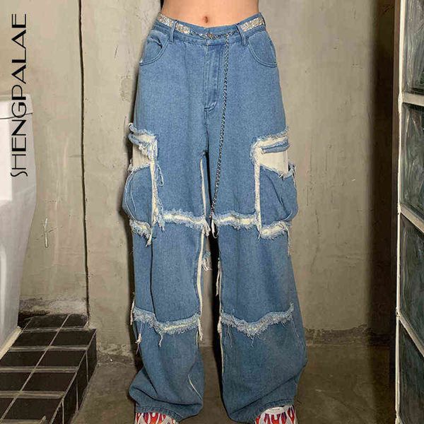 

shengpalae fashion spring vintage hit color high waist jeans woman long trousers cowboy female loose streetwear za3158 211129, Blue