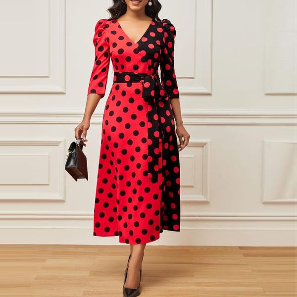 

casual dresses elegant polka dot print evening party dress women 2022 autumn v neck 3/4 sleeve high waist belt a line office wrap outfits, Black;gray
