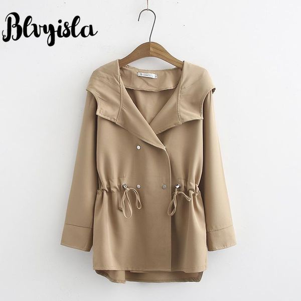 

women's trench coats blvyisla 3xl plus size draw rope hooded thin coat women fashion slim waist double breast spring irregular windbrea, Tan;black