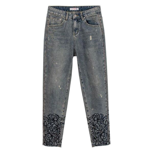 

spring fall vintage woman high waisted embroidery rhinestone denim harem pants , casual bleached jeans trousers for women women's, Blue
