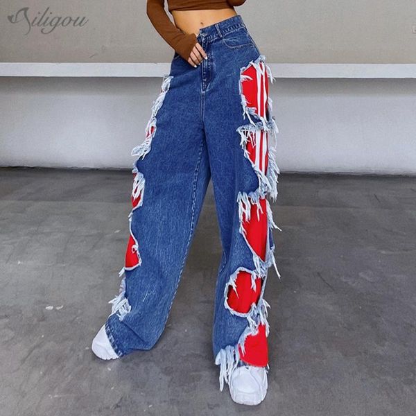 

women's jeans ailigou collage long wide leg pants 2021 autumn fringed hole love stitching casual comfortable, Blue