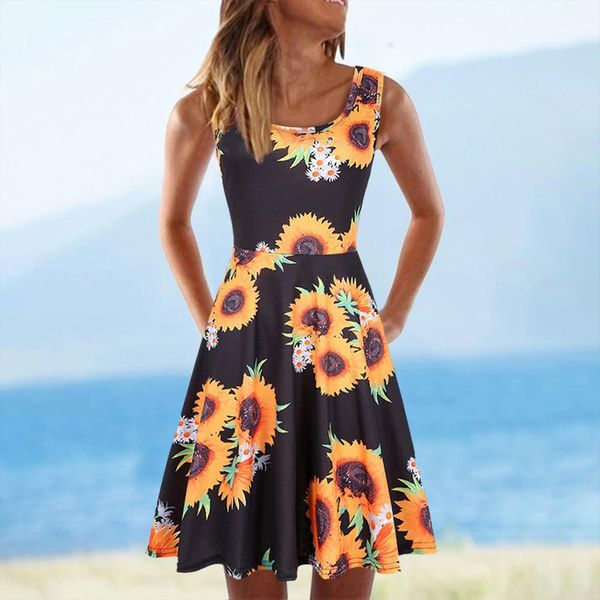 

summer casual sleeveless women dresses o neck fashion print beach, Black;gray
