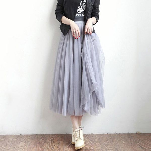 

skirts tulle women midi pleated skirt black white 2021 autumn summer korean elastic high waist mesh tutu