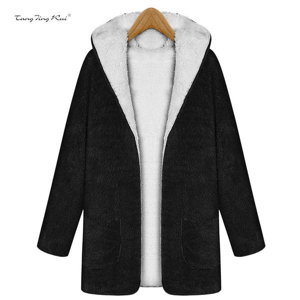 

fashion bat double-sided plush hooded warm long sleeve women's coat, Black;brown
