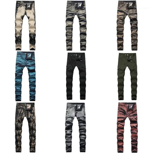 

men's jeans high stretch cotton nostalgic locomotive large size thin straight fashion casual denim pants, Blue