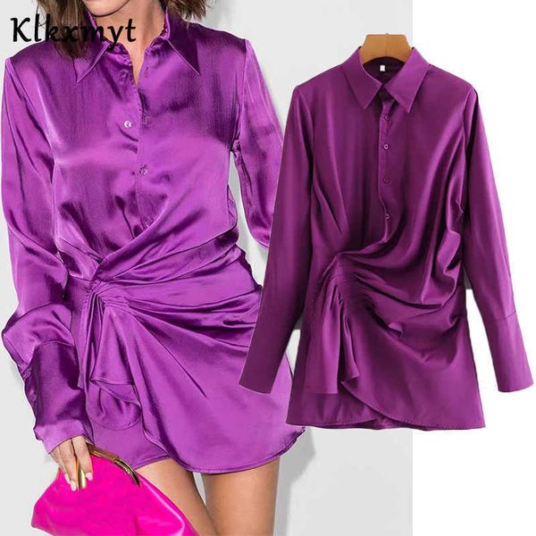 

klkxmyt za dress women fashion satin folds mini shirt vintage long sleeve button-up female es vestidos mujer 210527, Black;gray