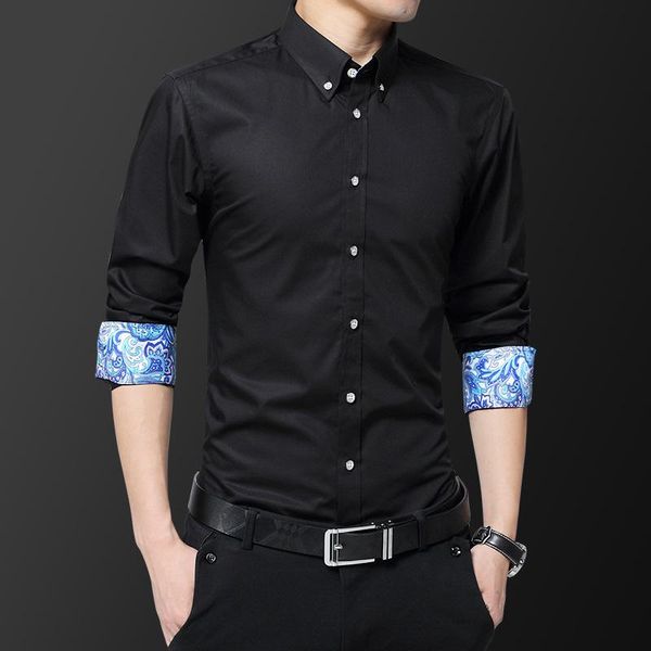 

men's casual shirts korean fashion solid color slim fit mens long sleeve cotton cuff printed design button social male blouse 4xl 5xl, White;black