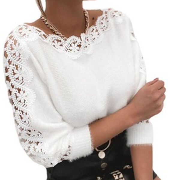 

women's sweaters lace stitching hollow out sweater women autumn 2021 v neck long sleeves fashion loose white, White;black