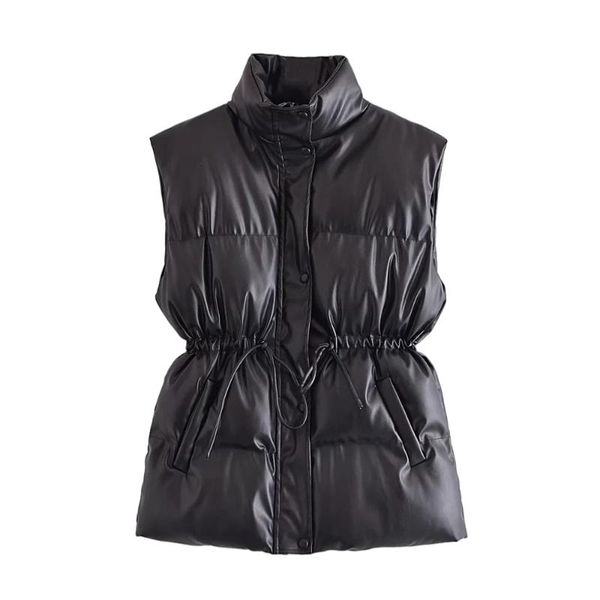 

women's vests women vest faux leather thick warm padded waistcoat vintage sleeveless drawstring female outerwear chic veste 2021 fashio, Black;white