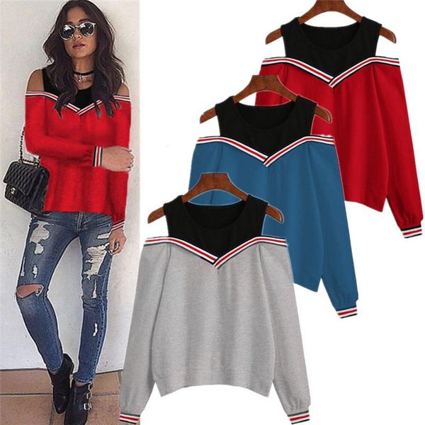 

women's hoodies & sweatshirts female jumper sweatshirt 2021 off shoulder patchwork autumn winter crew neck pullovers tracksuit ladies t, Black
