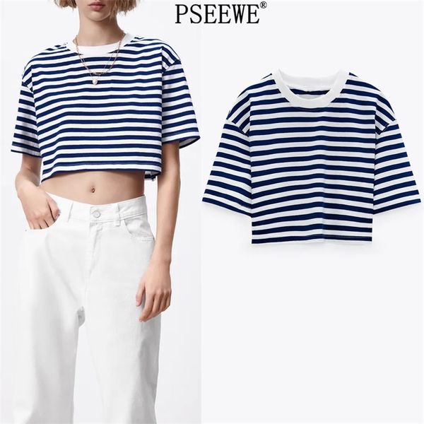

women t-shirts blue sailor's striped crop woman fashion o neck short sleeve white basic black summer 210519