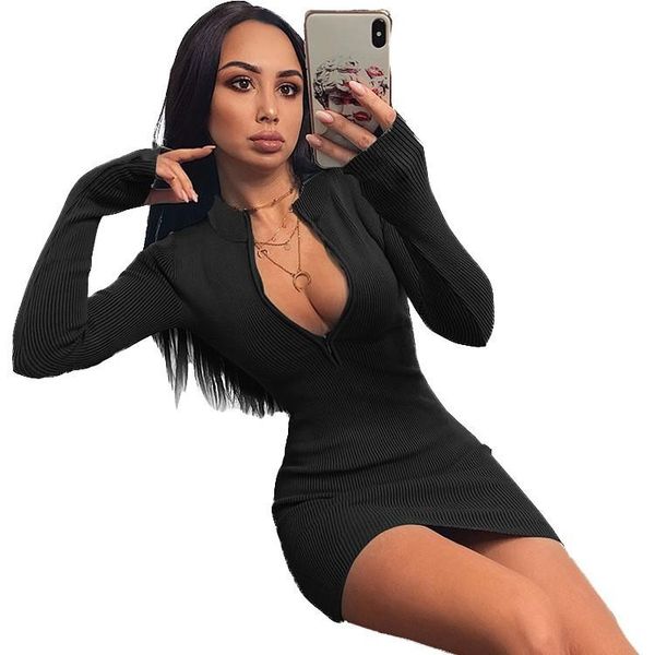 

casual dresses fashion women mini dress solid full sleeve o-neck zip stretchy skinny bodycon vestidos club outfits autumn 2021, Black;gray