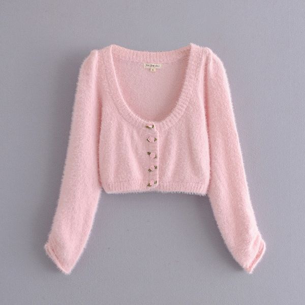 Evfer Nette Dame Mode Rose Blume Taste Rosa Herbst Gestrickte Strickjacken Süße Frauen Französisch Stil V-ausschnitt Mohair Kurze Pullover 210421