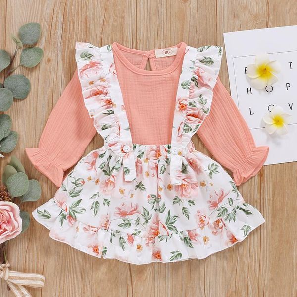 

toddler baby girls long sleeve +floral print ruffle suspender skirts outfits clothes kids tracksuit for girl clothing sets, White
