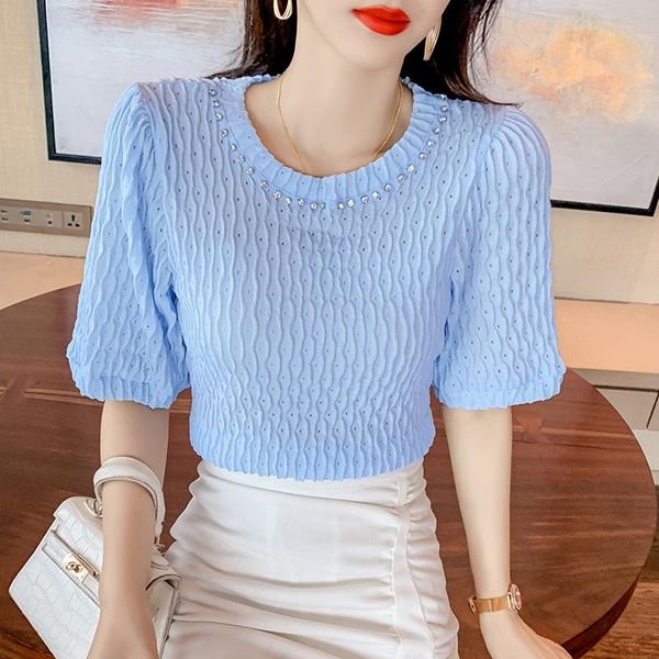 

women's t-shirt 2021 design sense small mass heavy industry nail bead pleated t shirt female short sleeves in the summer style of forei, White