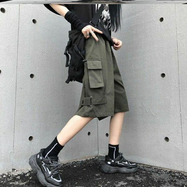 

men's shorts summer women cargo female loose straight casual ins streetwear punk fashion elastic waist handsome knee length, White;black